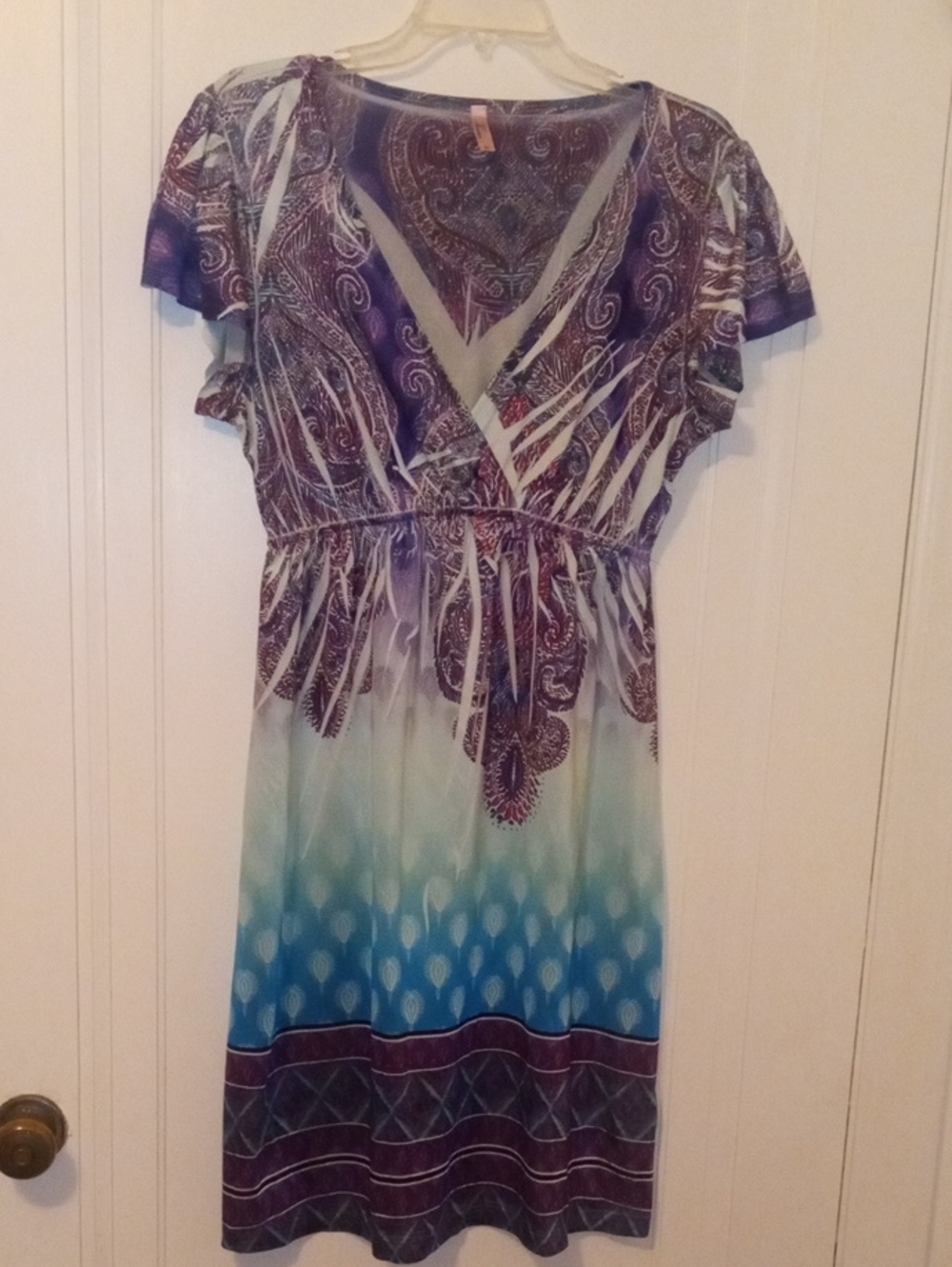 Women's Purple & Teal Paisley silky V-Neck Dress, medium ,KIARA